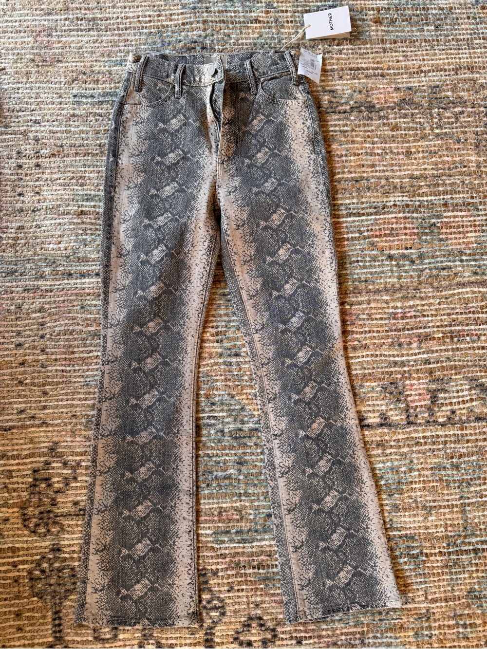 MOTHER Boa Babe Hustler Flood Gray Snake-Print High-Rise Flare Jeans